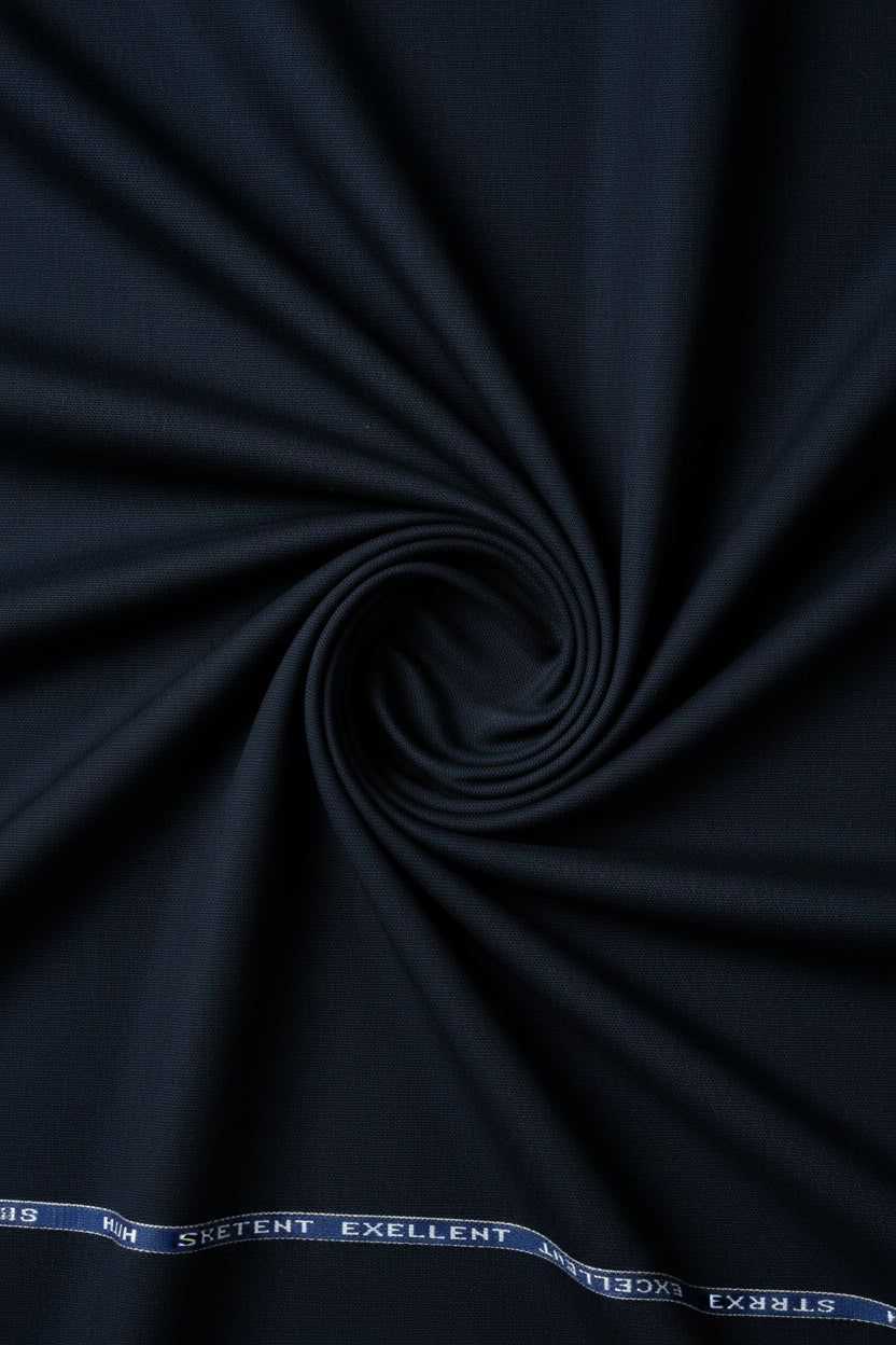 Navy blue Raymond polyviscose trousers and suiting fabric displayed in the image, showcasing the fabric texture and color.