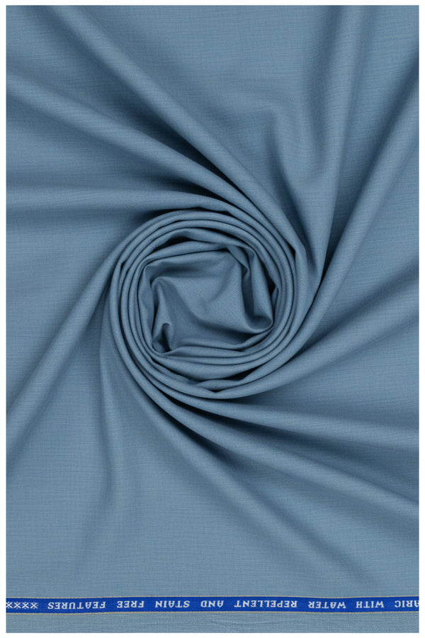 Raymond wool blend suiting fabric in denim blue, close-up of textured poly wool material ideal for tailored suits