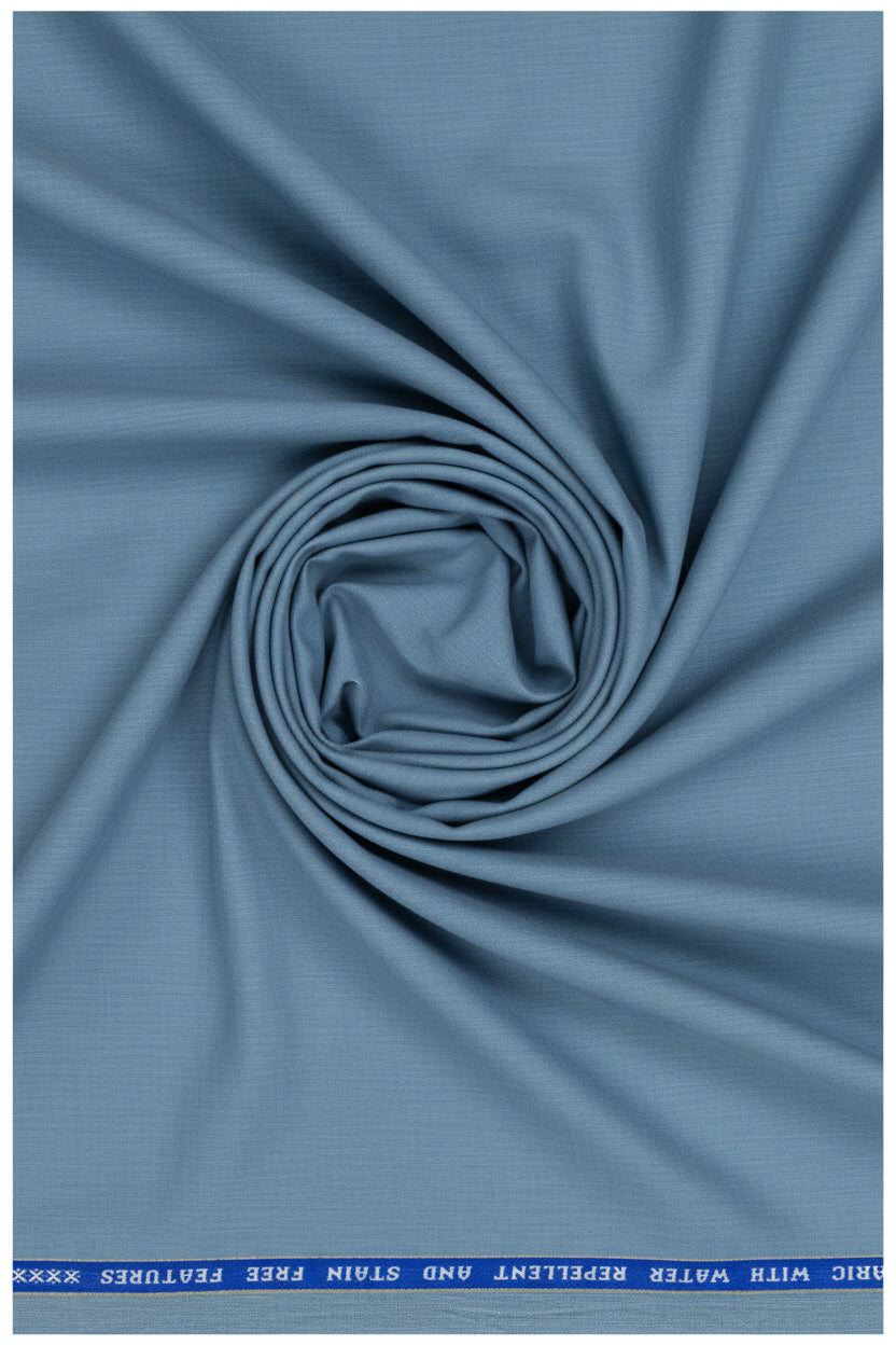 Raymond Luxurious unstitched polywool trousers and suiting fabric in denim blue, displayed with fabric swatches and pattern details.