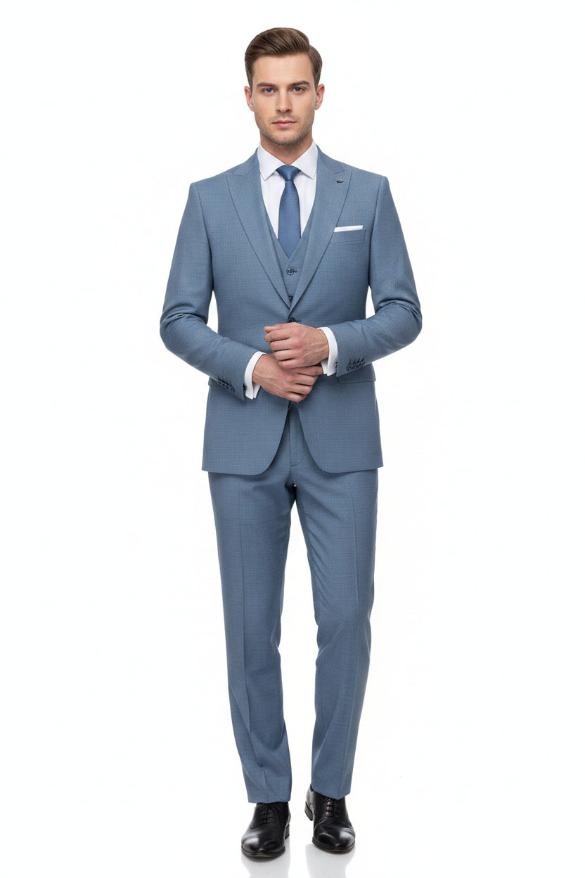 Raymond Polywool trousers and suiting fabric in denim blue, showing the textured textile and fabric swatch for tailoring.