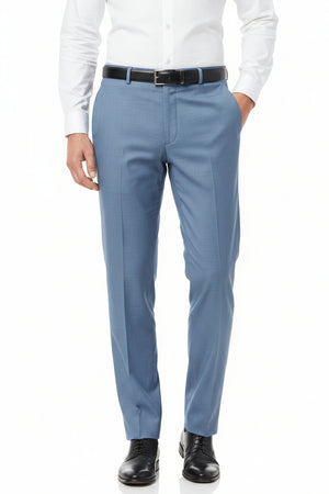 Raymond Polywool trousers and suiting fabric in denim blue, with a close-up view of the textured textile and fabric details.