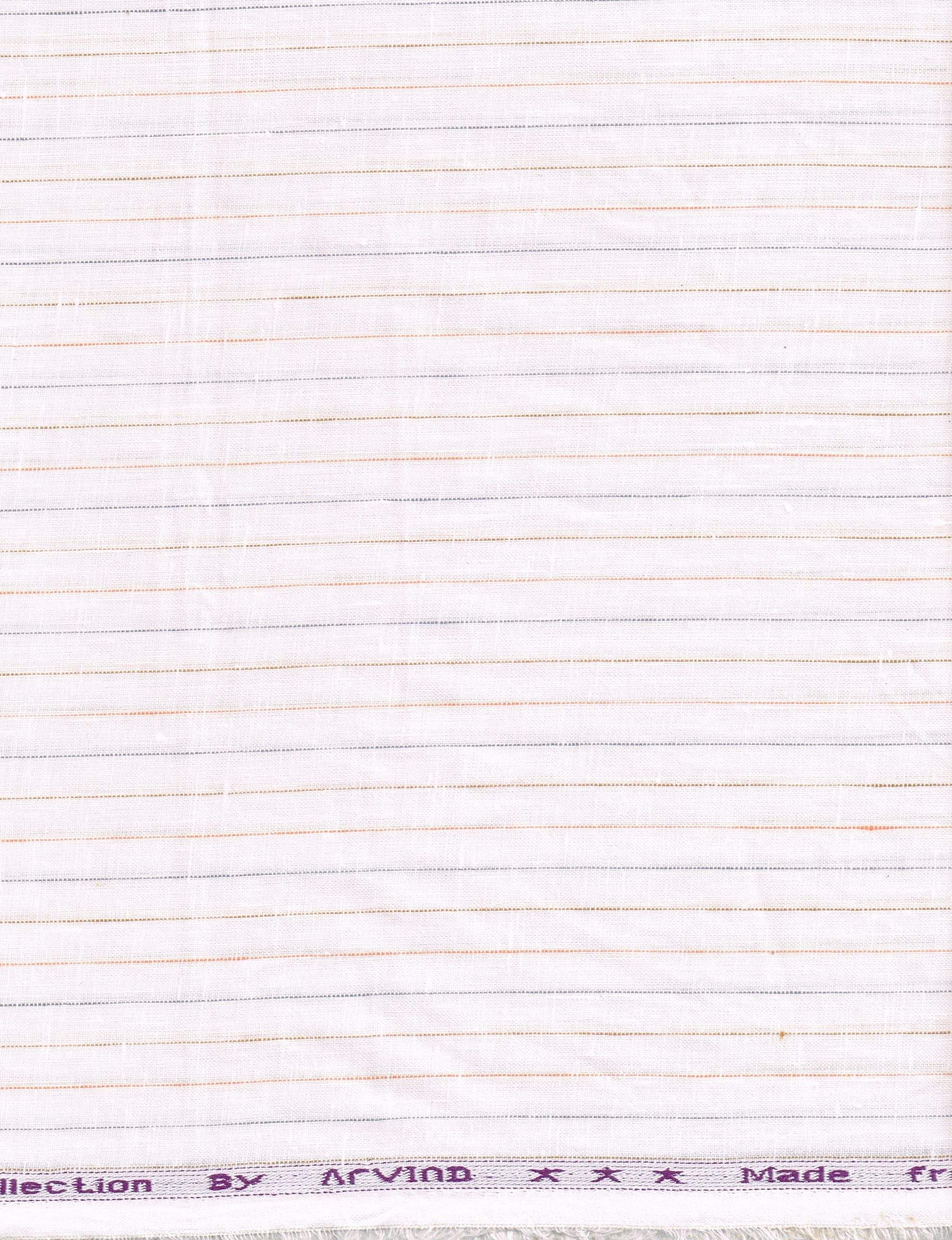 Close-up of a fabric with thin stripes and brand name on a white background