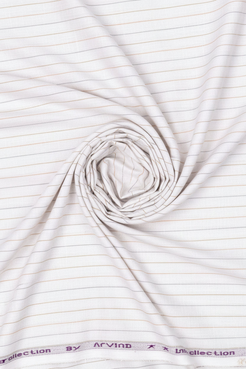 Close-up of a fabric with thin stripes and brand name on a white background