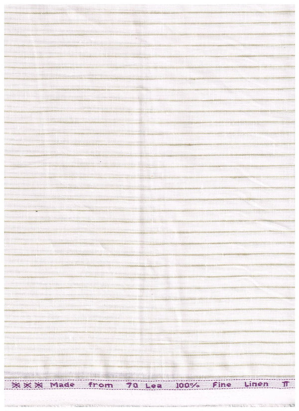 Brown striped Arvind Linen 70 LEA shirt fabric on off-white background, close-up of the textured linen material.