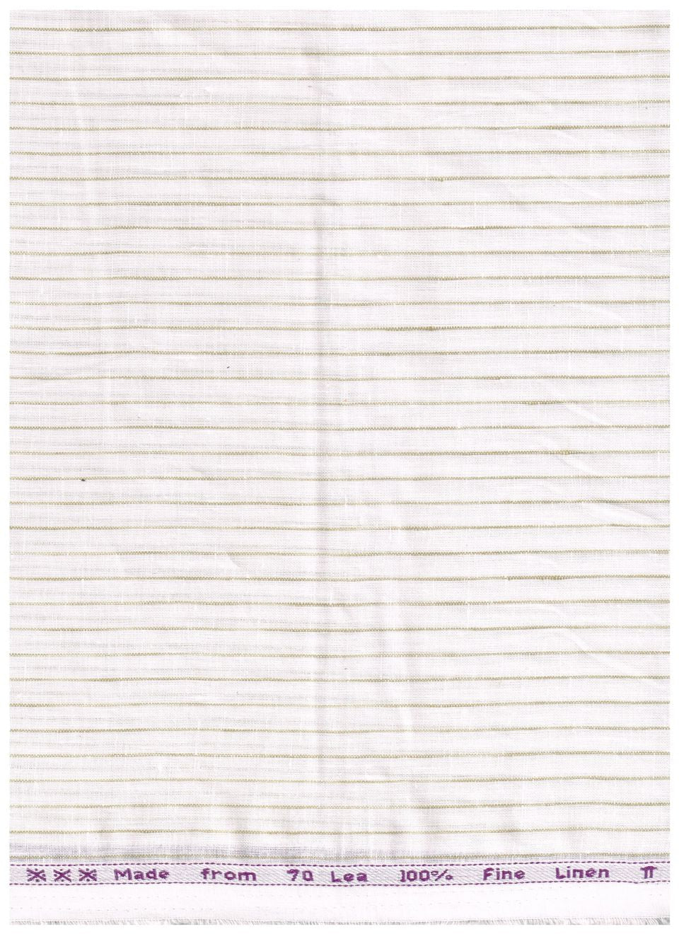 A square sample of white linen fabric with fine, closely spaced horizontal stripes, featuring a purple printed header band at the top edge.