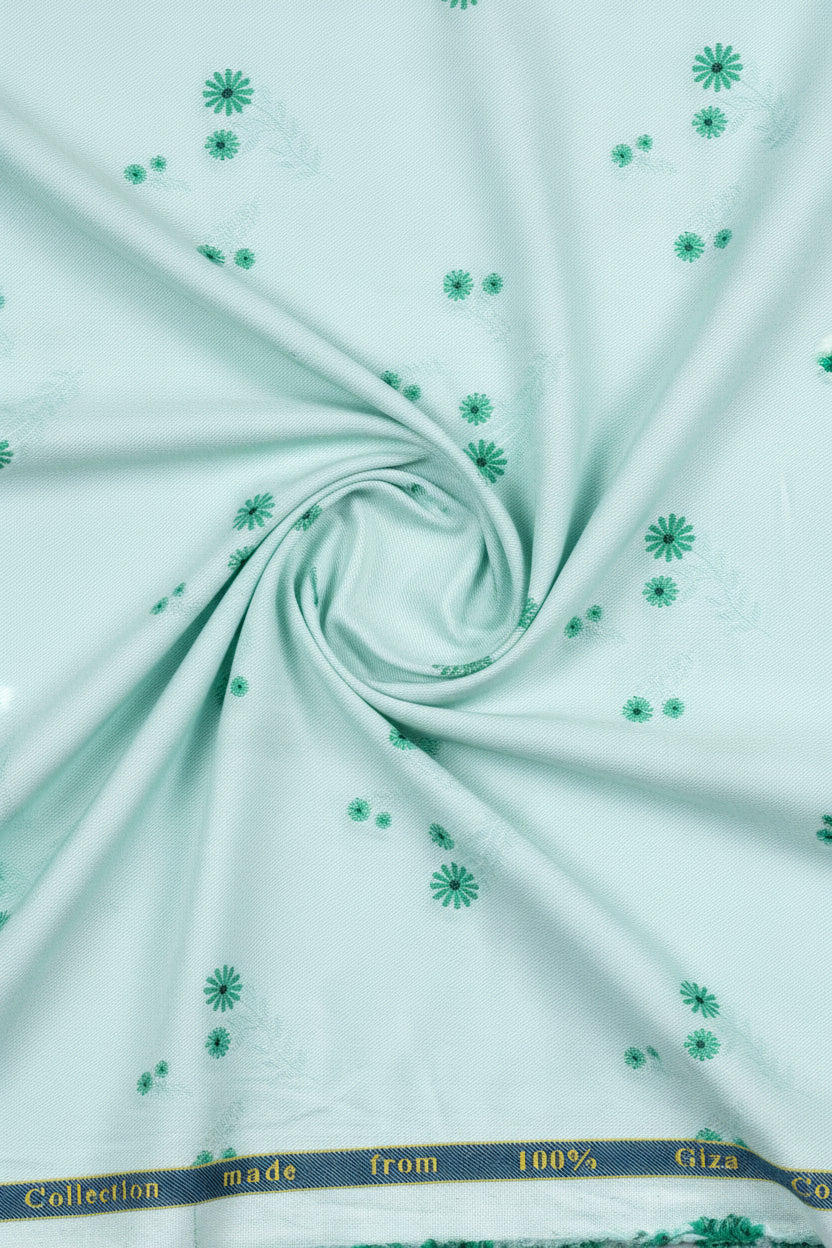 Light blue fabric with green floral patterns and '100% Cotton' label.