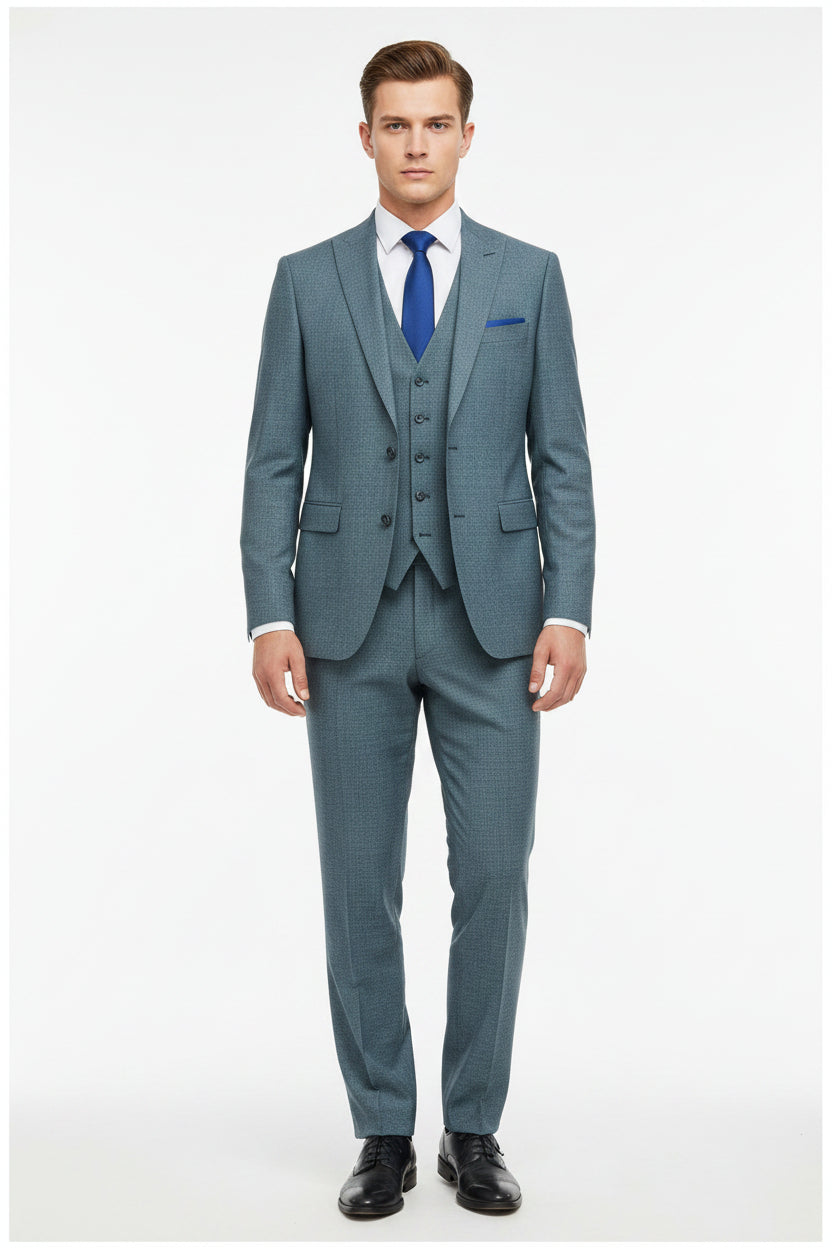 Grey Raymond Super 120’s poly wool trouser and suiting fabric, close-up view showing textured fabric detail