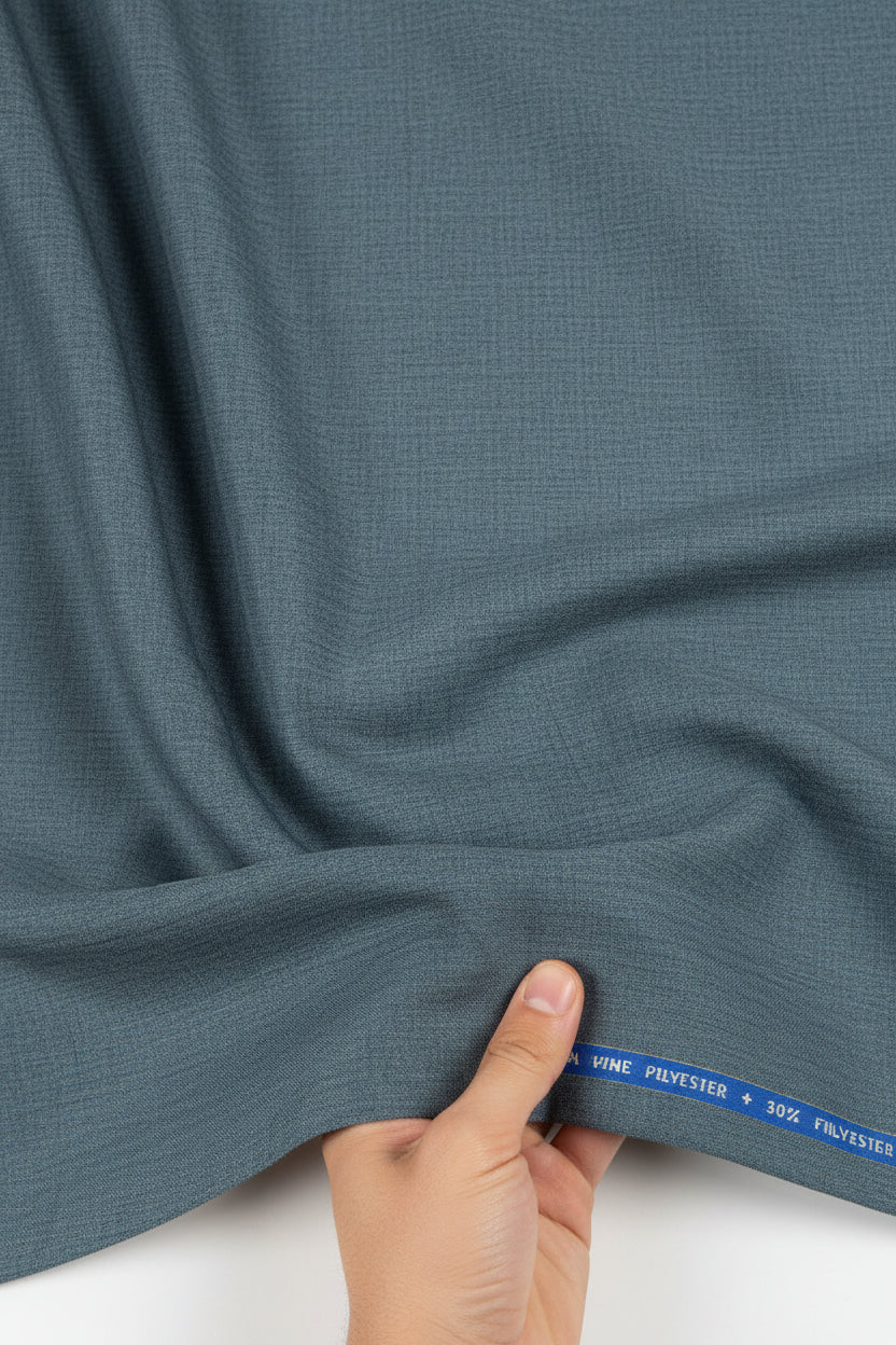 Grey Raymond Super 120’s poly wool trouser and suiting fabric, close-up of textured grey fabric for formal suit tailoring.