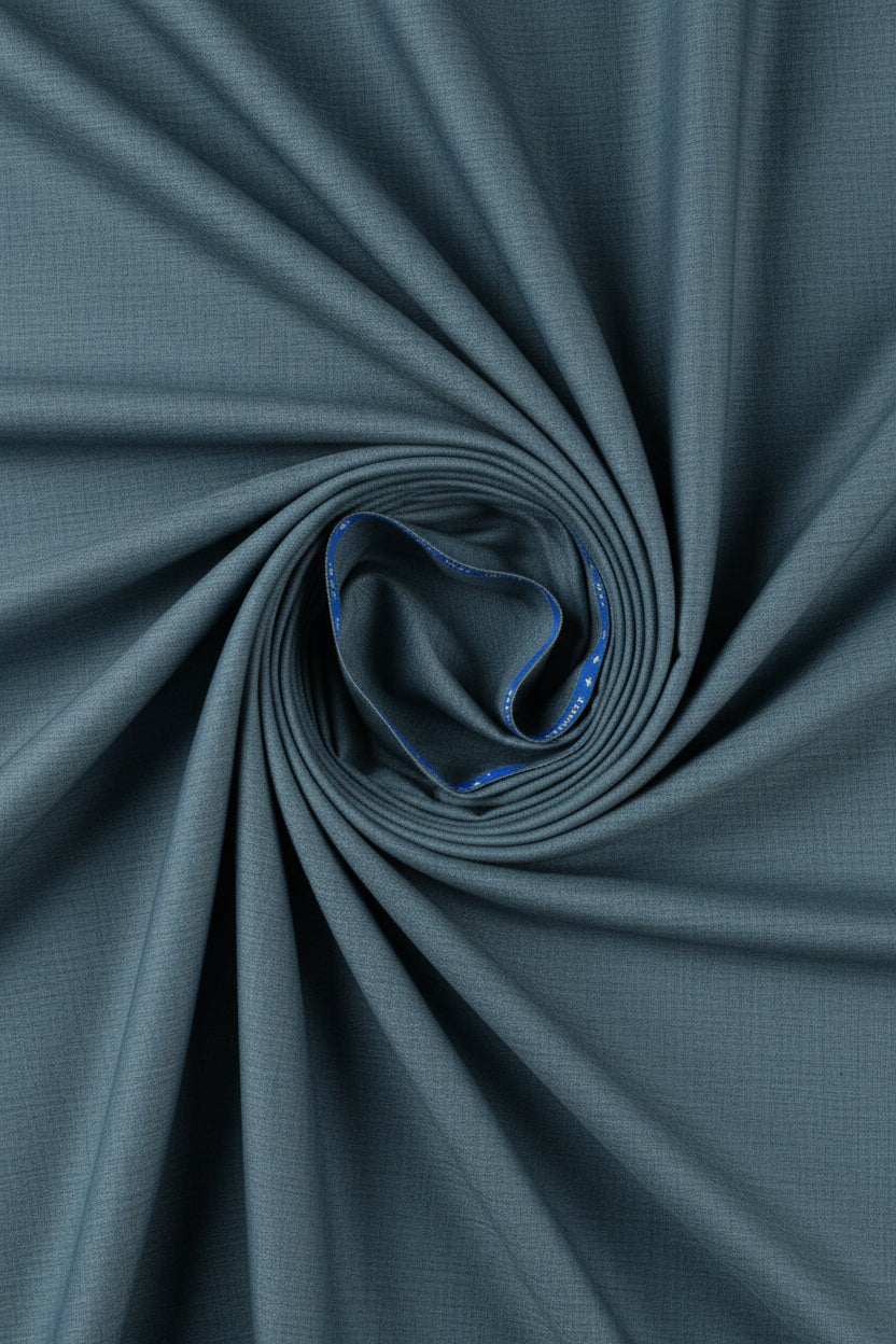 Grey Raymond Super 120’s poly wool trouser and suiting fabric, close-up of textured fabric with subtle weave details.
