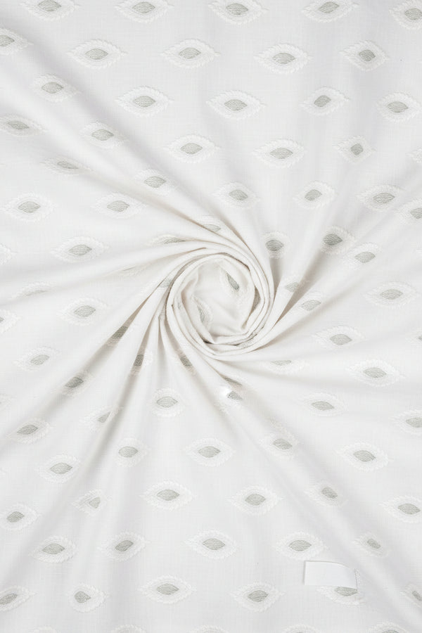 White Pee Gee unstitched pure linen jacquard shirting fabric with intricate woven pattern, ideal for custom shirts and garments.