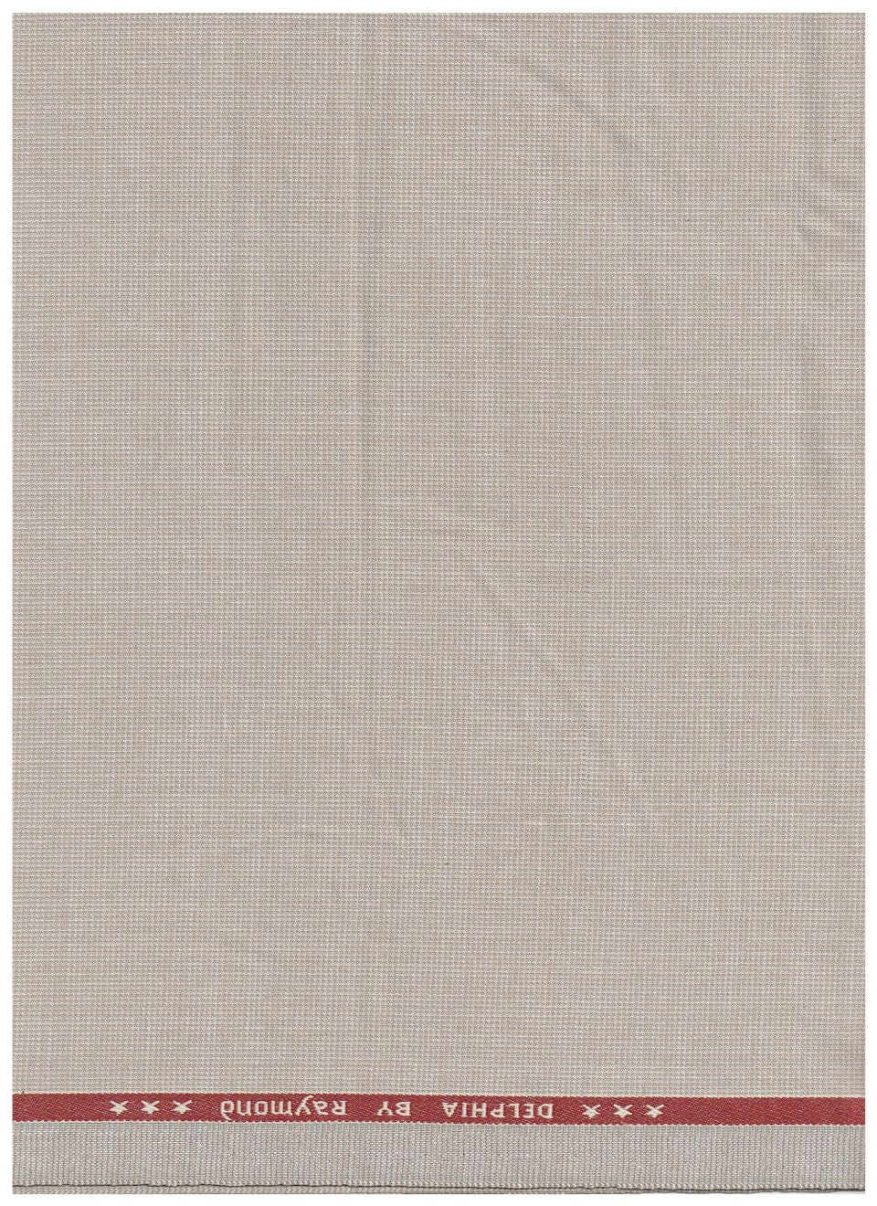 A square cotton kitchen towel with a textured beige weave and a red header band at the top featuring the white text 'DELPHIA BY RAYMOND' and white stars.