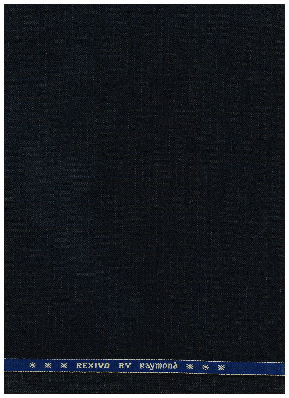 A close-up of dark navy blue fabric with a fine textured weave and a blue border strip at the top containing white text that reads 'REYMOND'.