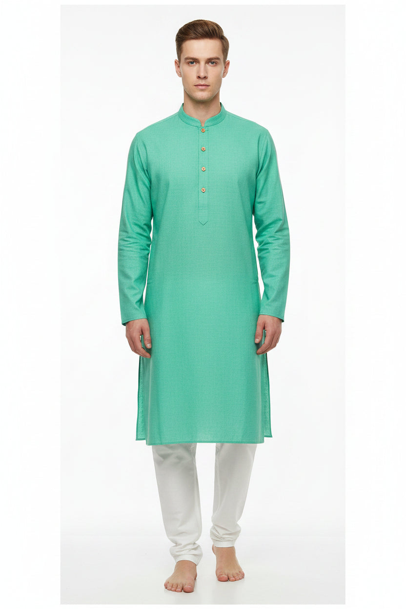 Unstitched Tresca cotton shirting fabric by Arvind in vibrant parrot green, showcasing the soft, breathable textile for custom shirts.