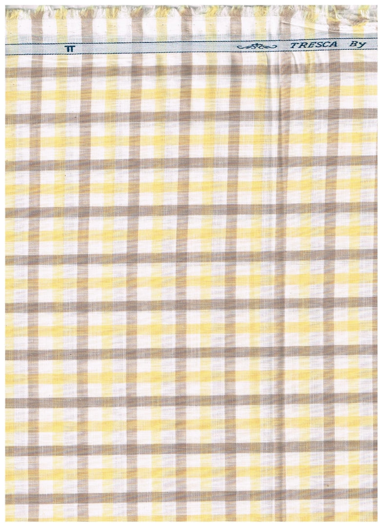 Experience The Luxury of Unstitched Tresca Cotton Shirting Fabric By Arvind ( Yellow & Brown Checks on White )