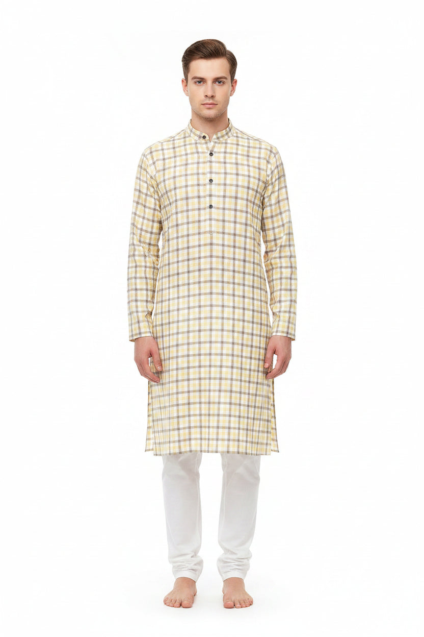 Yellow and brown check Tresca cotton shirting fabric by Arvind, featuring a white background and luxurious unstitched textile design.