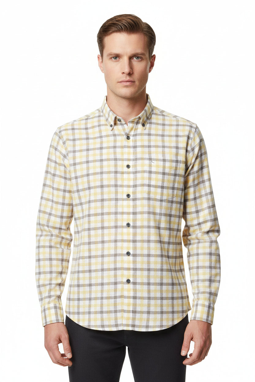 Yellow and brown check Tresca cotton shirting fabric by Arvind, unstitched material ideal for stylish shirts.