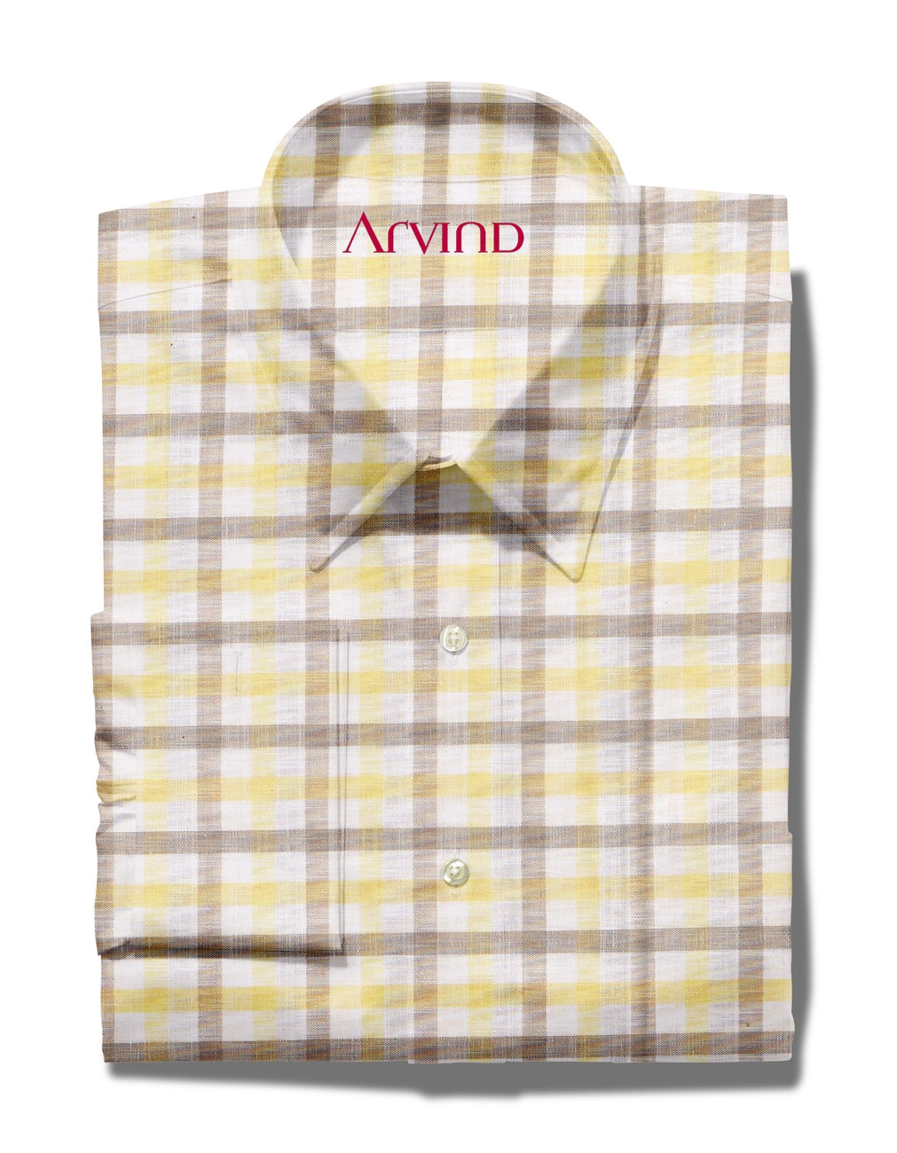 Experience The Luxury of Unstitched Tresca Cotton Shirting Fabric By Arvind ( Yellow & Brown Checks on White )