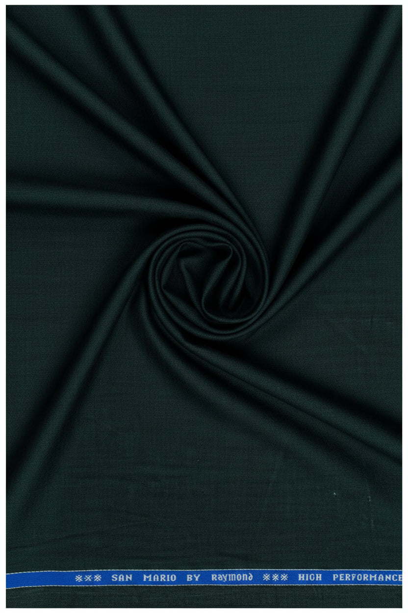 Raymond Luxurious Unstitched Polywool Trousers Fabric in Seaweed Green, detailed close-up of textured fabric for tailoring or sewing projects.