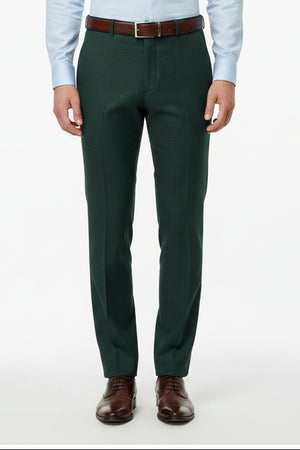 Raymond Polywool trousers fabric in seaweed green, close-up of textured woven material for men's formal wear.
