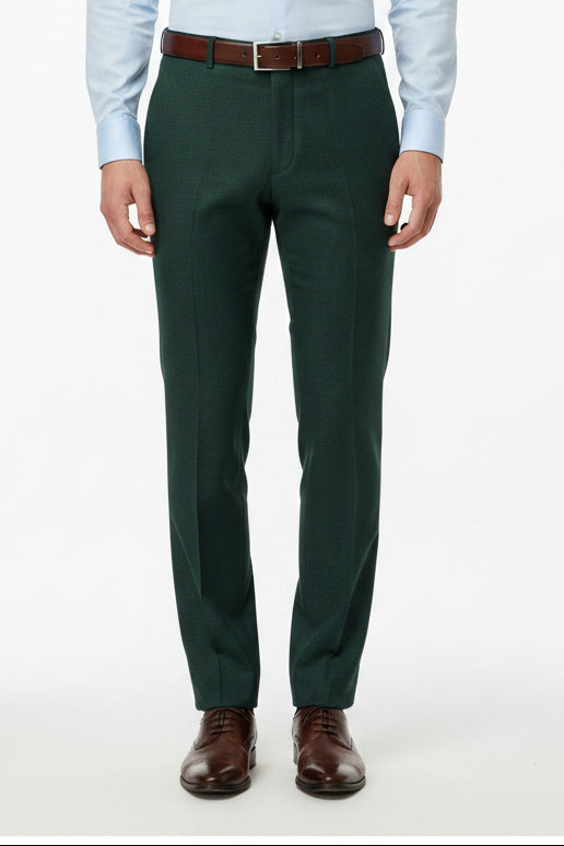 Raymond Polywool trousers fabric in seaweed green, close-up of textured woven material for men's formal wear.