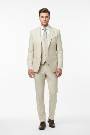 Ivory Raymond polywool trousers and suiting fabric, close-up of textured woven material with subtle pattern and smooth finish.