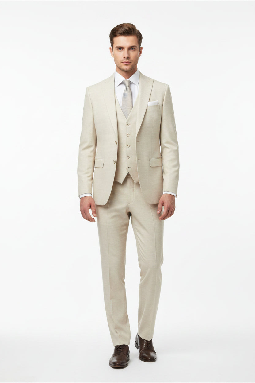 Ivory Raymond polywool trousers and suiting fabric, close-up of textured woven material with subtle pattern and smooth finish.
