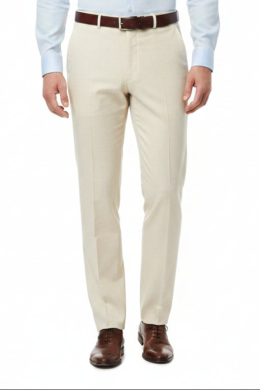 Raymond ivory polywool trousers and suiting fabric close-up, showing the smooth, woven textile texture.