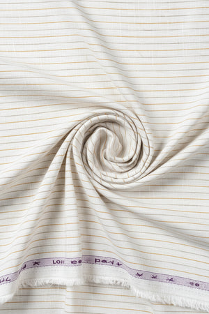 Beige Arvind linen shirt fabric with white and beige stripes, unstitched linen shirting material for custom shirts.