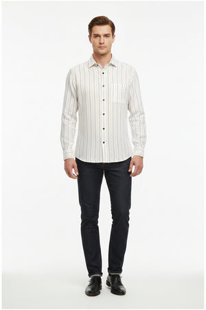 Beige Arvind linen shirt striped unstitched fabric, suitable for custom tailoring, showing the lightweight, breathable material.