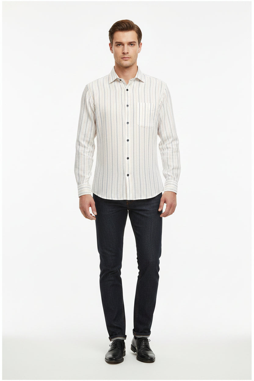 Beige Arvind linen shirt striped unstitched fabric, suitable for custom tailoring, showing the lightweight, breathable material.
