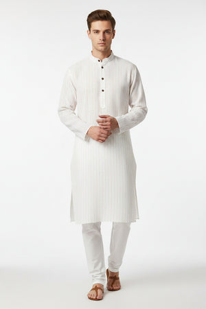 Beige Arvind linen shirt striped unstitched fabric, lightweight and breathable material for custom tailoring.