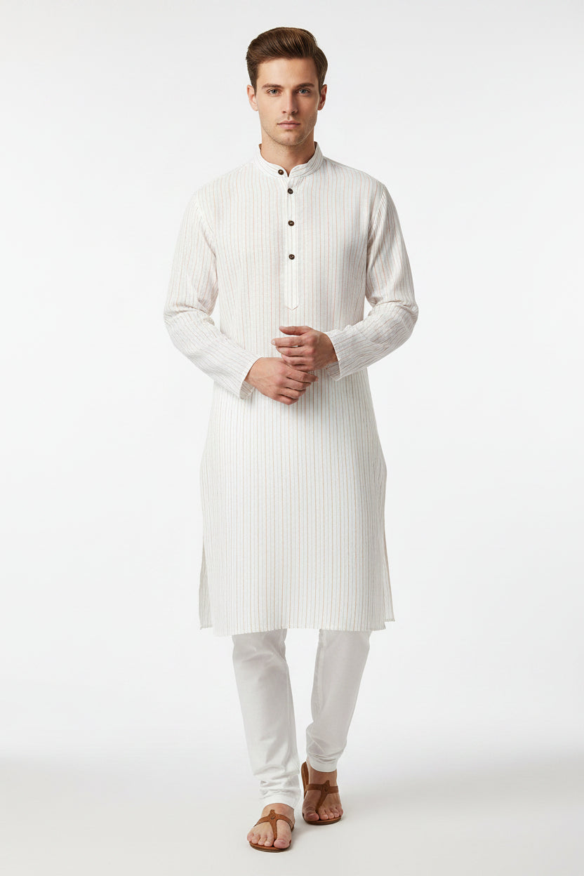 Beige Arvind linen shirt striped unstitched fabric, lightweight and breathable material for custom tailoring.