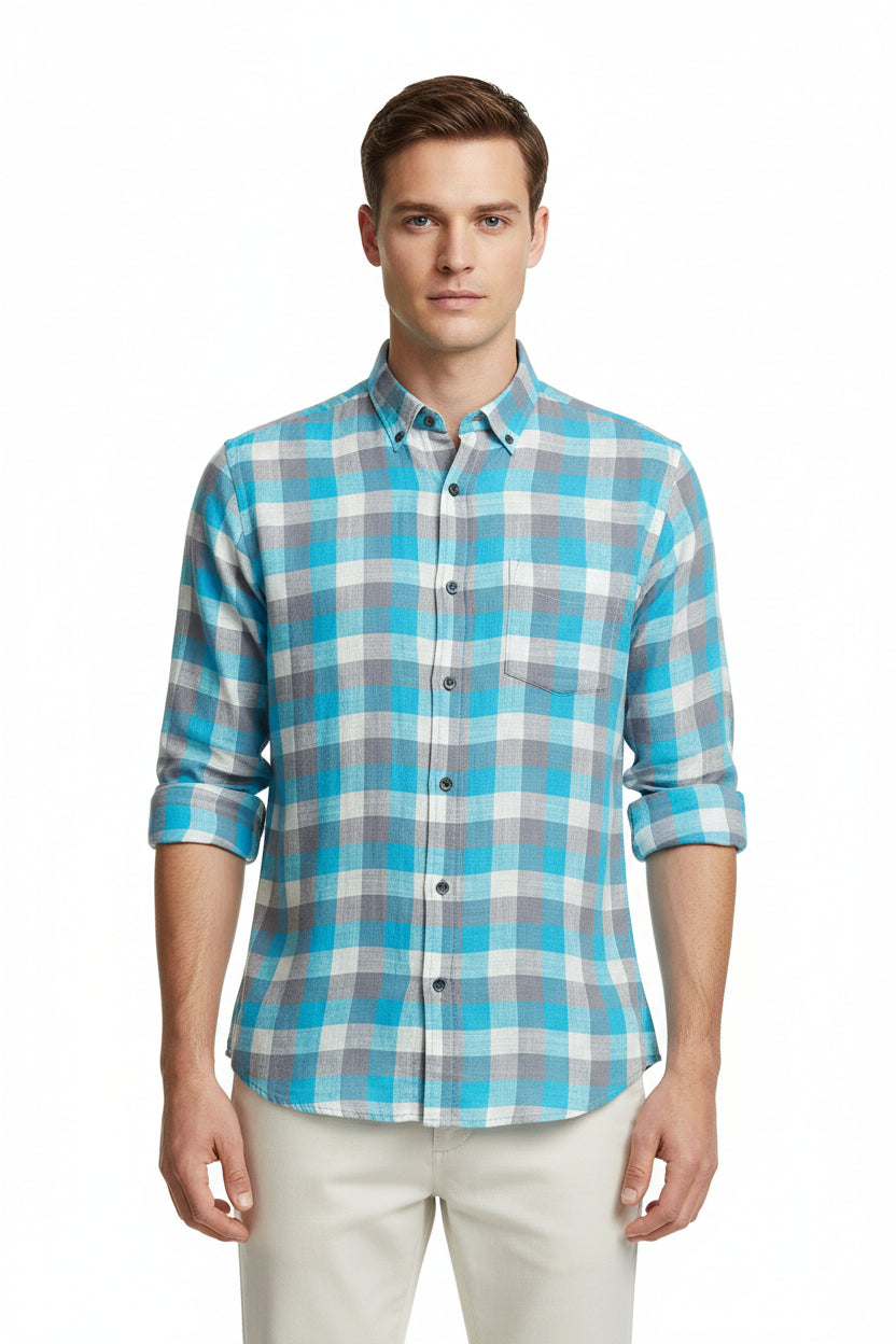 Green and grey check Arvind linen shirting fabric with a crisp, lightweight texture perfect for stylish shirts.