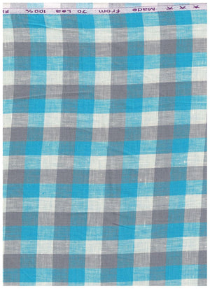 Arvind linen shirting fabric in green and grey check pattern, suitable for shirts, with visible check design and fabric texture.