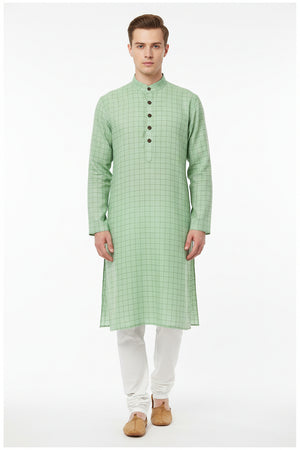 Green Arvind linen checks shirting fabric with a classic woven pattern, ideal for stylish shirts and apparel.
