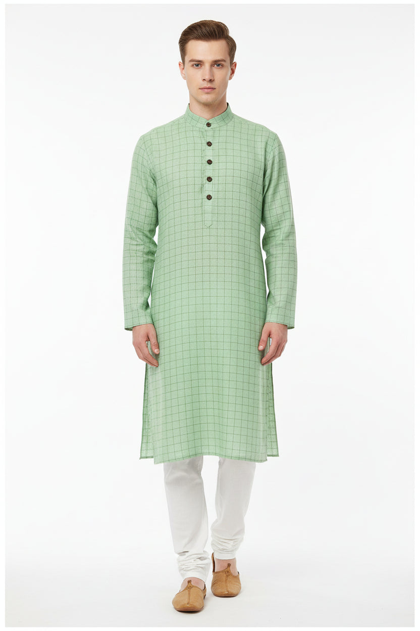 Green Arvind linen checks shirting fabric with a classic woven pattern, ideal for stylish shirts and apparel.