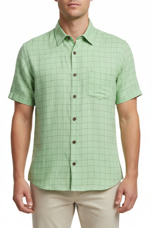 Green Arvind linen checks shirting fabric with a classic checkered pattern, suitable for stylish shirts and apparel designs.