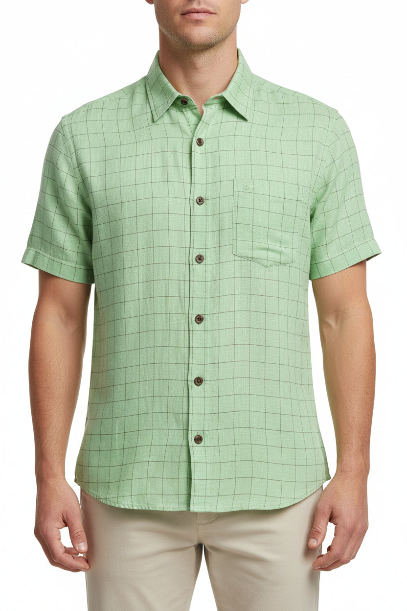 Green Arvind linen checks shirting fabric with a classic checkered pattern, suitable for stylish shirts and apparel designs.