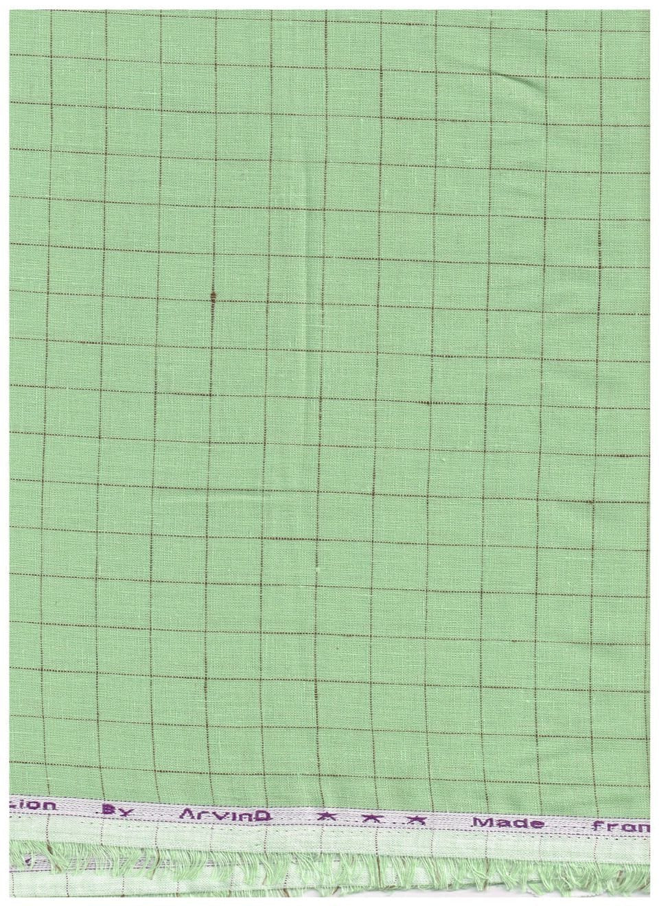 Green Arvind linen checks shirting fabric with a classic check pattern, ideal for stylish, breathable shirts.