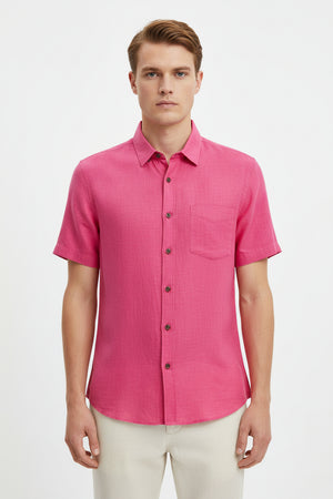 ARVIND pure linen shirt fabric in French Rose color, unstitched fabric with soft, natural linen texture and elegant floral pattern.