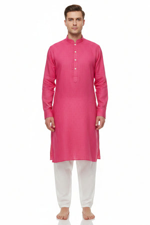 Arvind Pure Linen Shirt Fabric in French Rose color, unstitched, showing soft linen texture and vibrant pink hue.