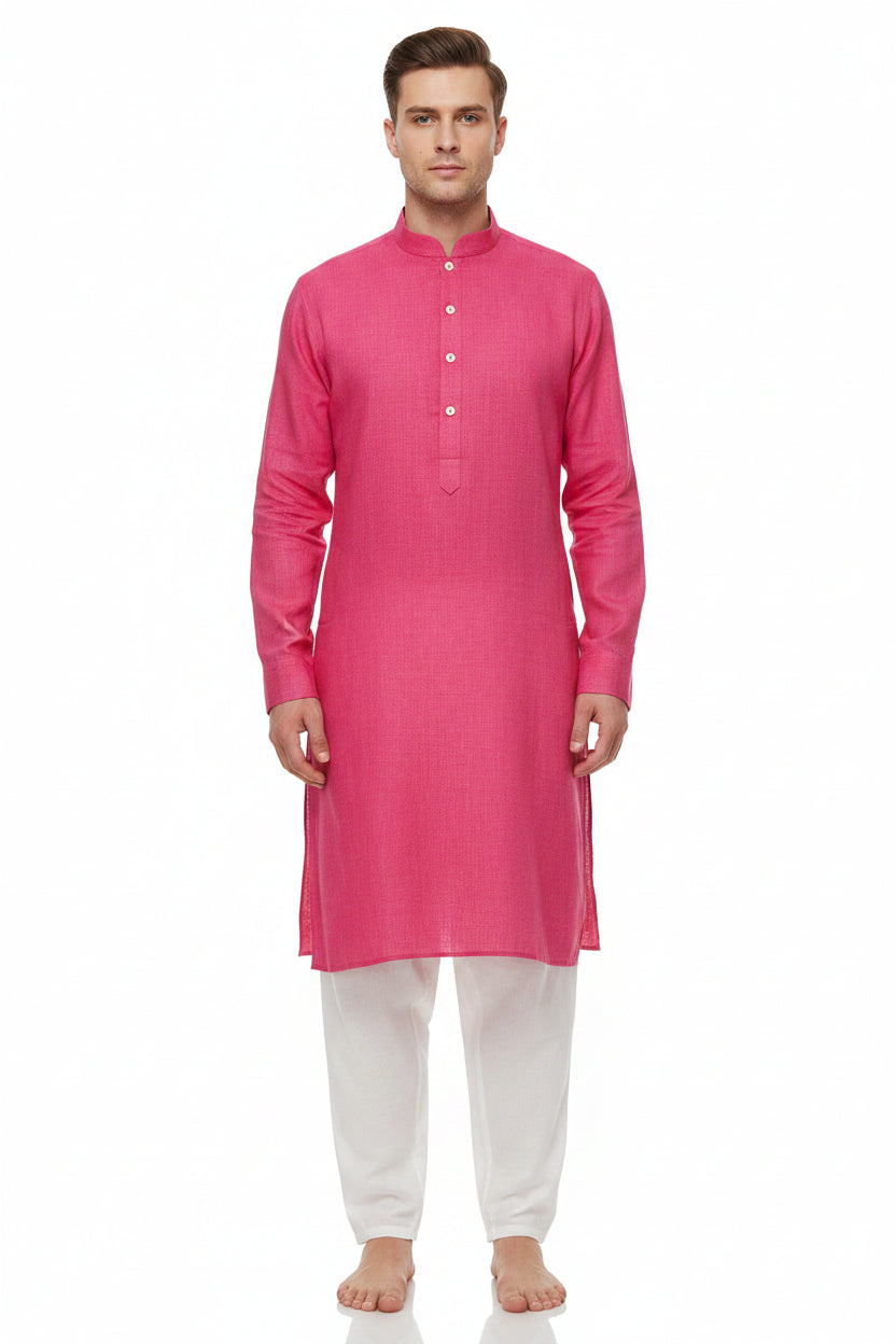 Arvind Pure Linen Shirt Fabric in French Rose color, unstitched, showing soft linen texture and vibrant pink hue.