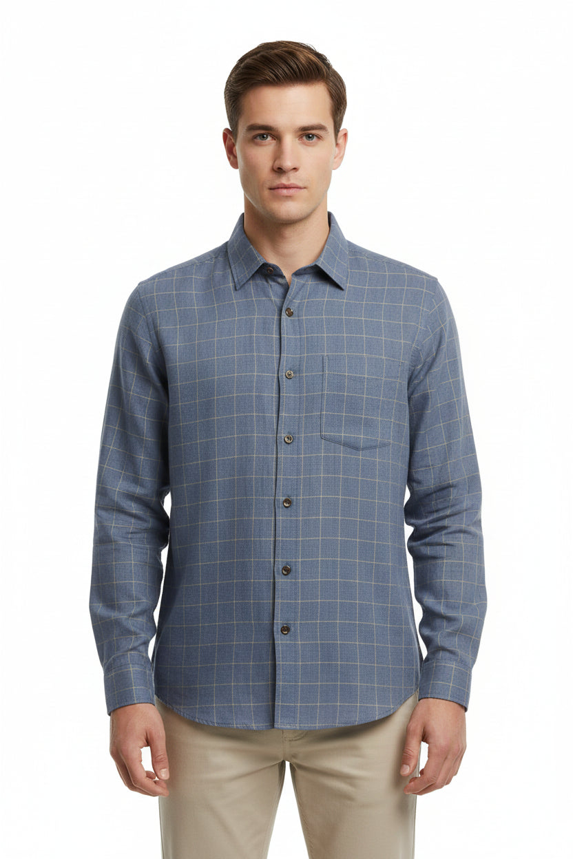 Slate grey Arvind linen shirting fabric with check pattern, showcasing a close-up of the textured textile.