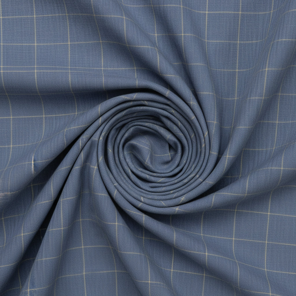 Slate grey Arvind linen shirting fabric with check pattern, showcasing the textured textile suitable for stylish shirts.