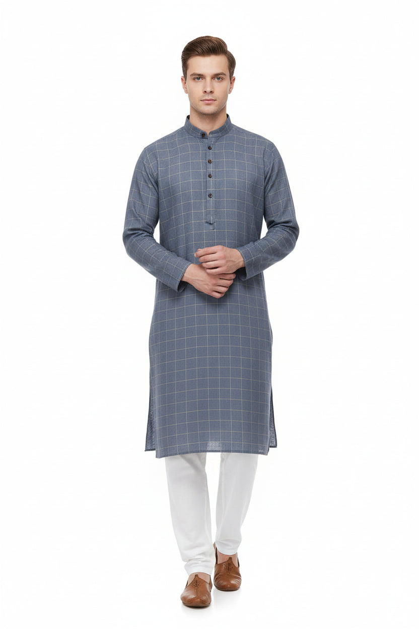 Slate grey Arvind linen shirting fabric with check pattern, ideal for stylish shirts and lightweight garments.