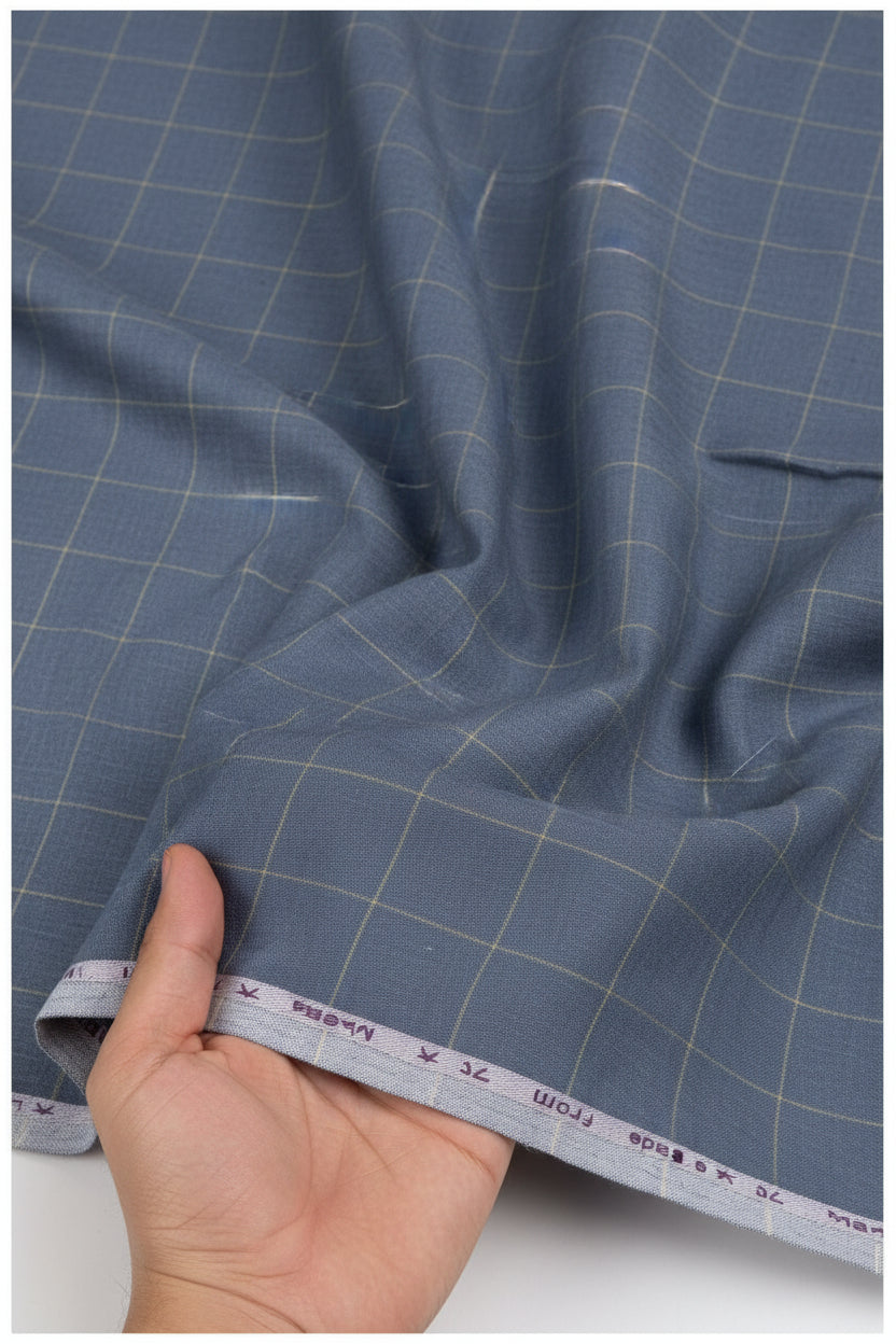 Slate grey Arvind linen shirting fabric with check pattern, showing close-up of textured linen material.
