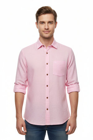 Pink Irish linen fabric from ARVIND, showcasing a close-up of the textured linen material suitable for shirts.