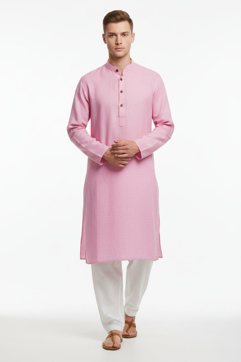 Pink Arvind Irish linen shirt fabric with a soft, textured appearance, ideal for lightweight, breathable clothing.