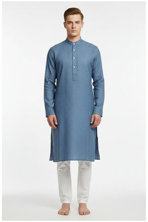 Blue Arvind 70-Lea linen shirting fabric with white stripes, showing the fabric's texture and pattern.