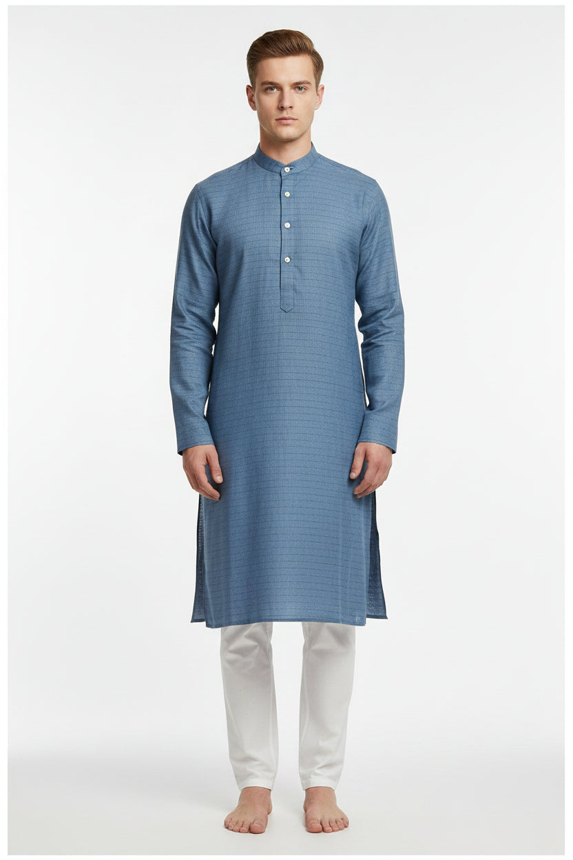 Blue Arvind 70-Lea linen shirting fabric with white stripes, showing the fabric's texture and pattern.